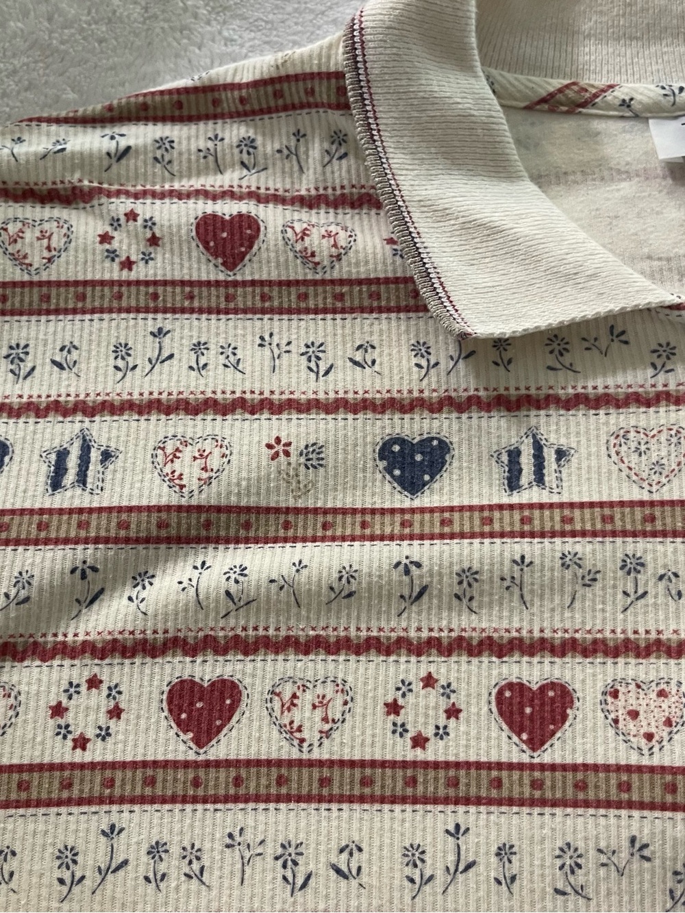 Teddi Cream Polo with Red & Blue Heart and Floral Trim